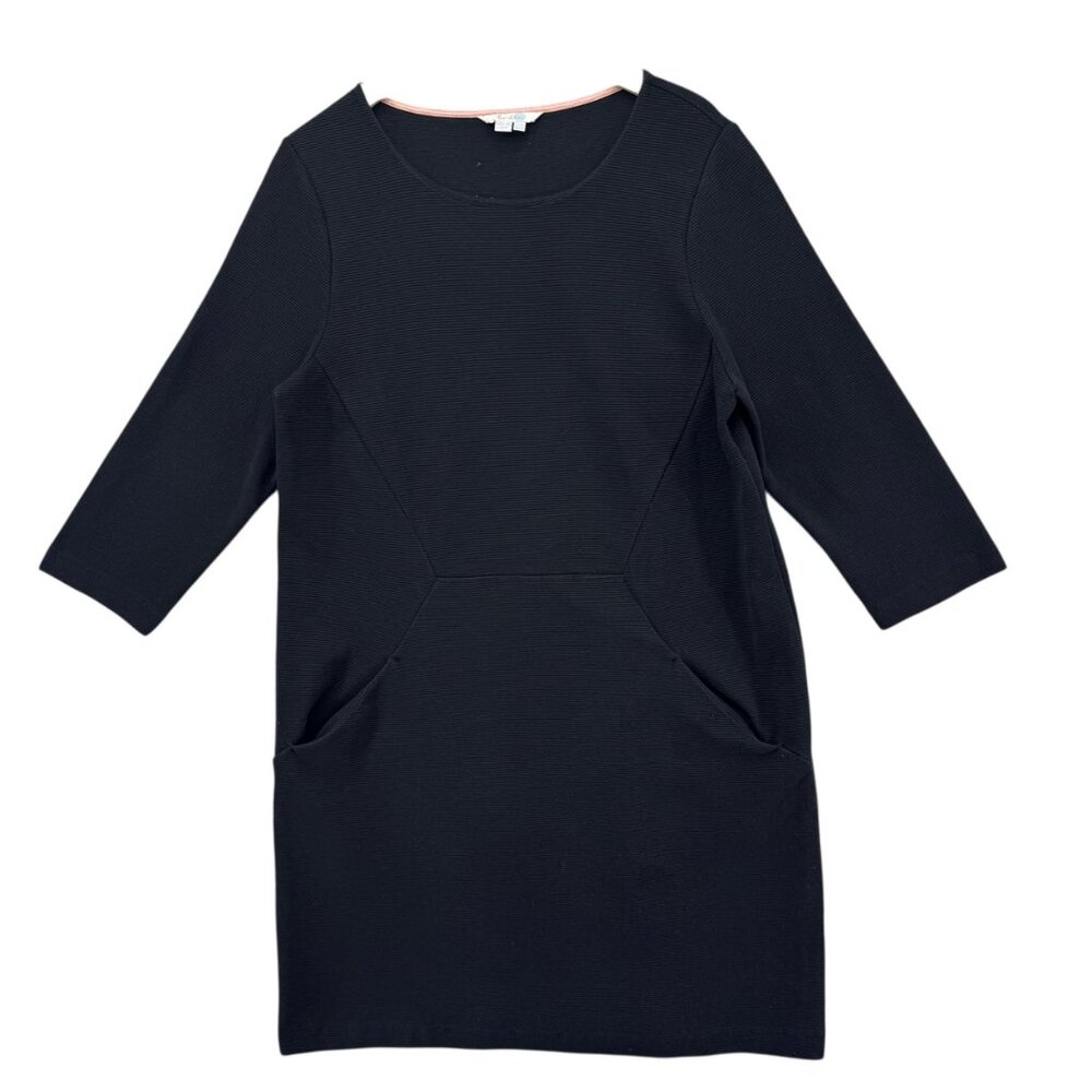 Boden Tunic Dress Black 3/4 Sleeve Ribbed Knit Pocket Boat Neck Size 14 R